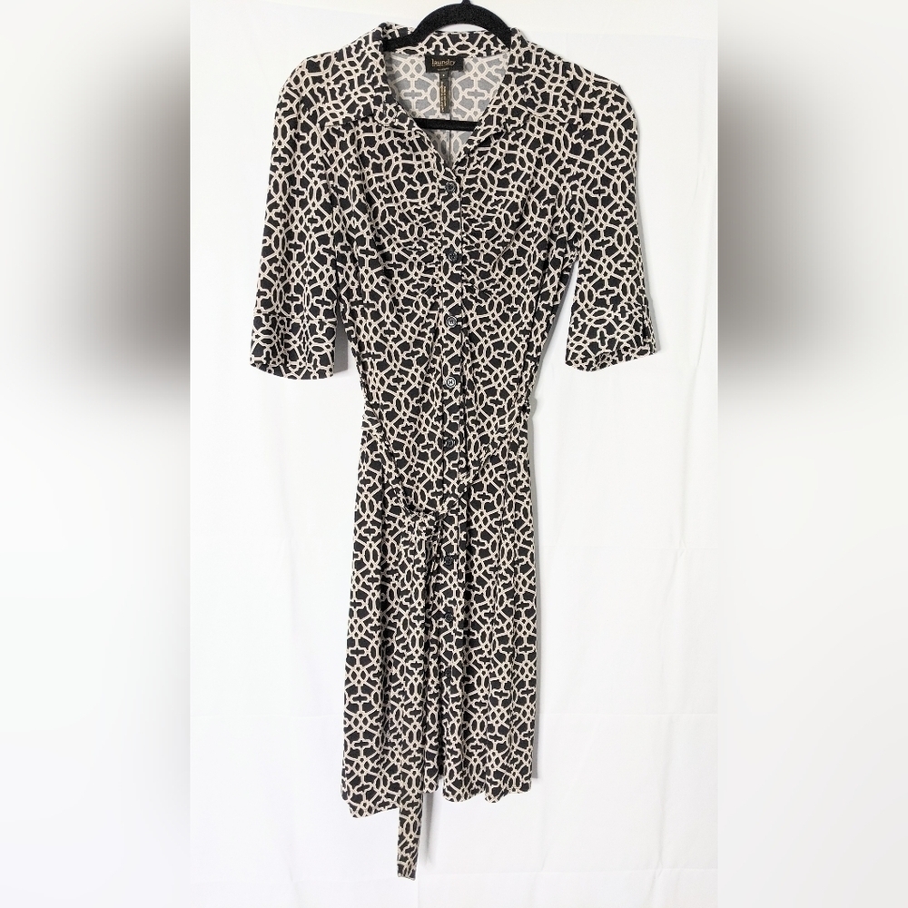 Laundry by Shelli Segal Womens Dress Sz 6 Black Geometric Print Belted Button-Up
